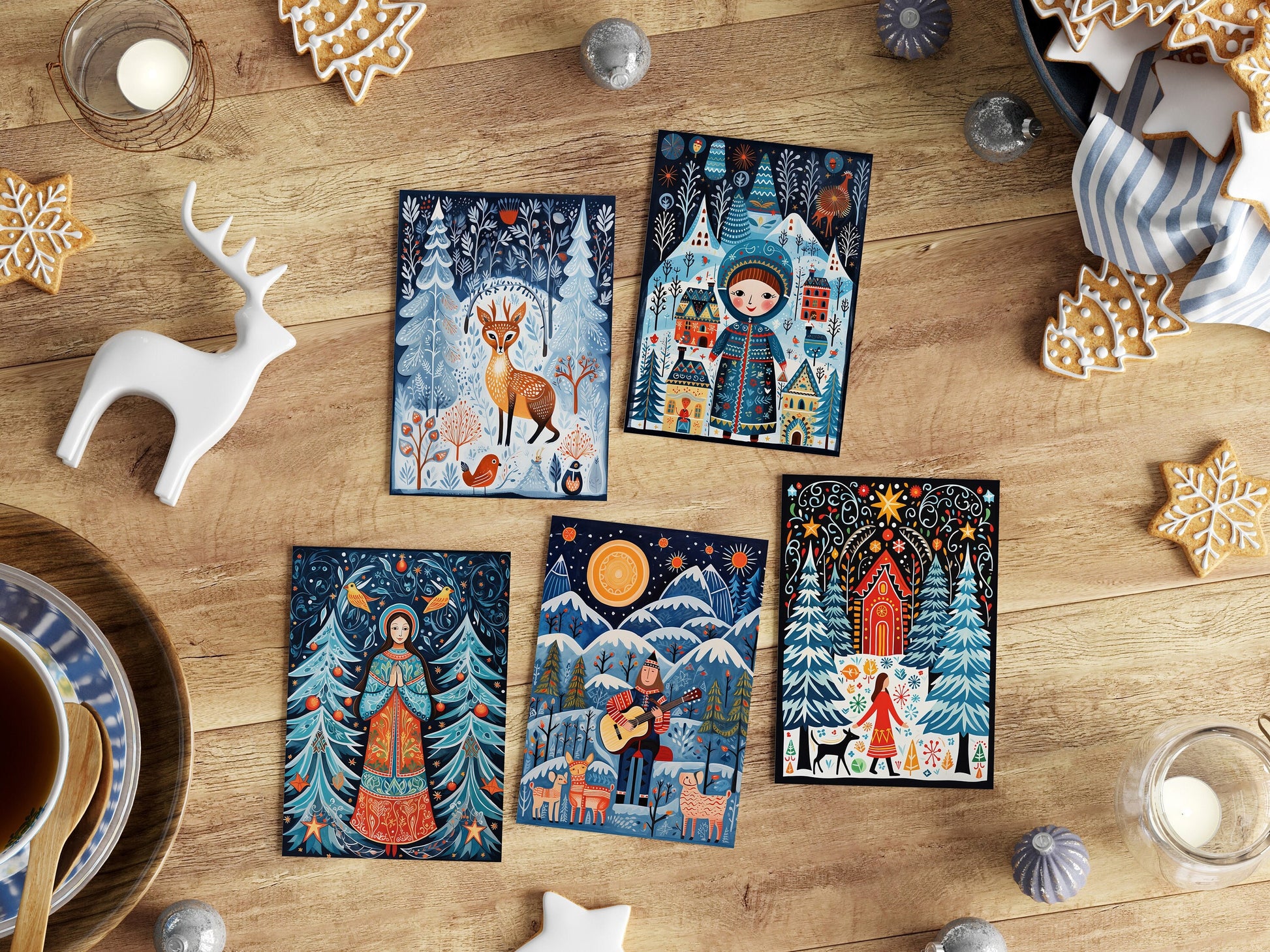 Folksy Art Christmas Cards Five pack