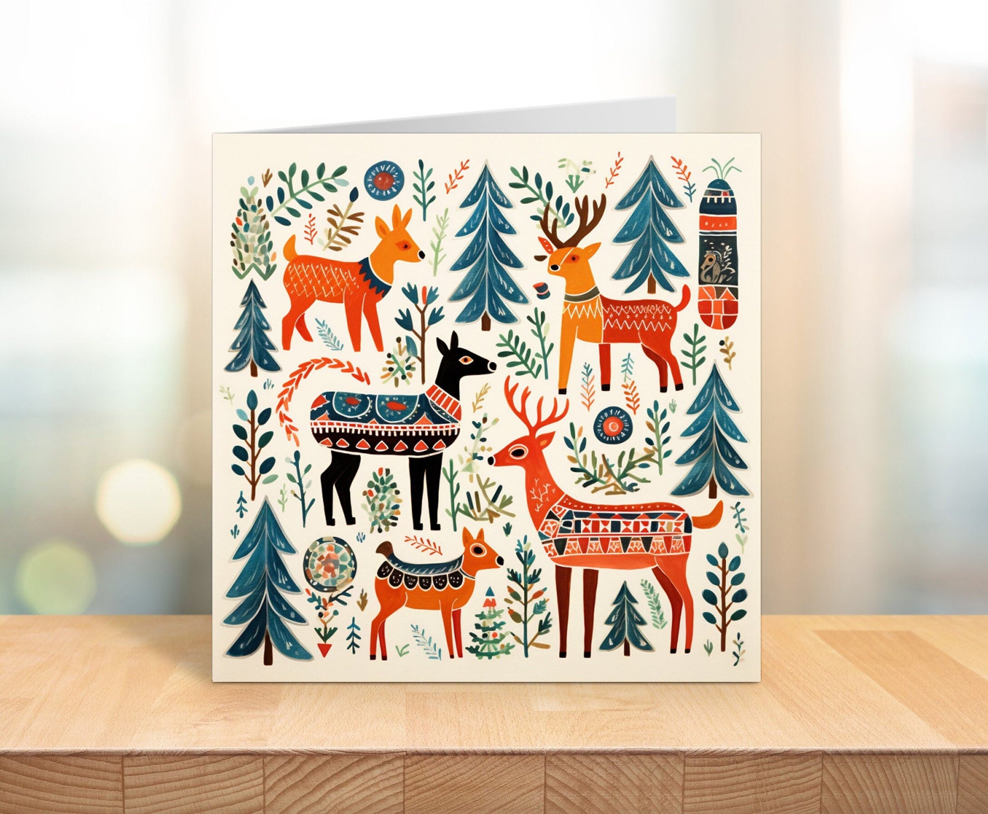 Folksy Christmas Card Pack Illustrated Animals Folk Art - Square Card - Four Cards with Different Designs