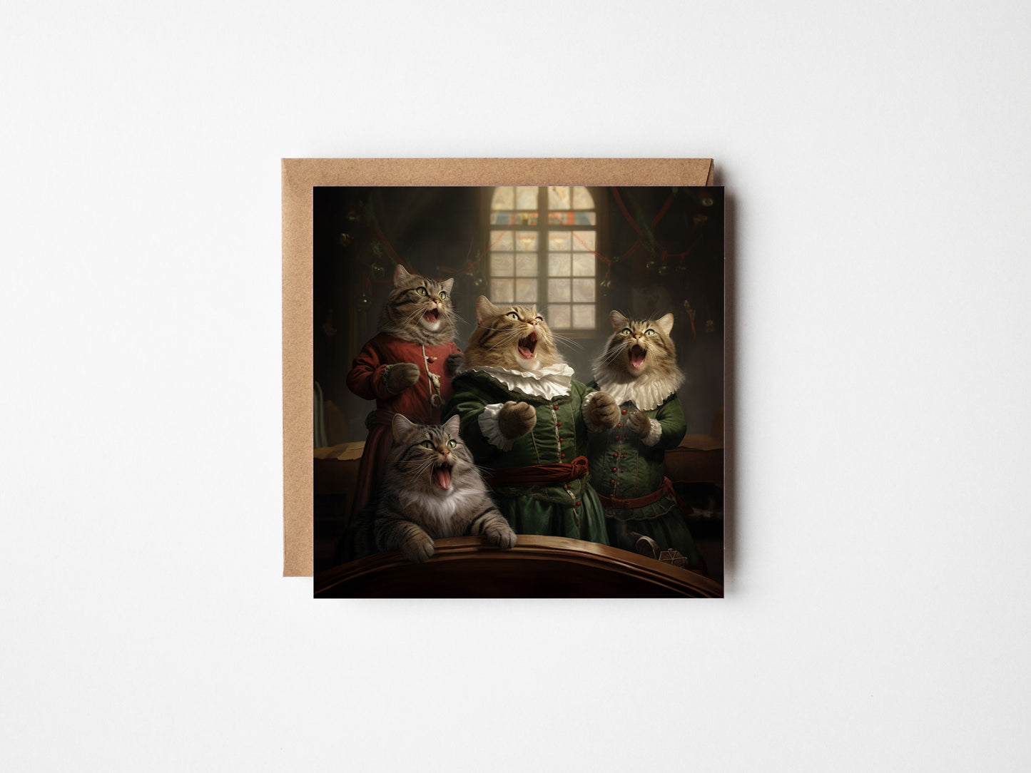 Christmas Carol singing cats on a square christmas card