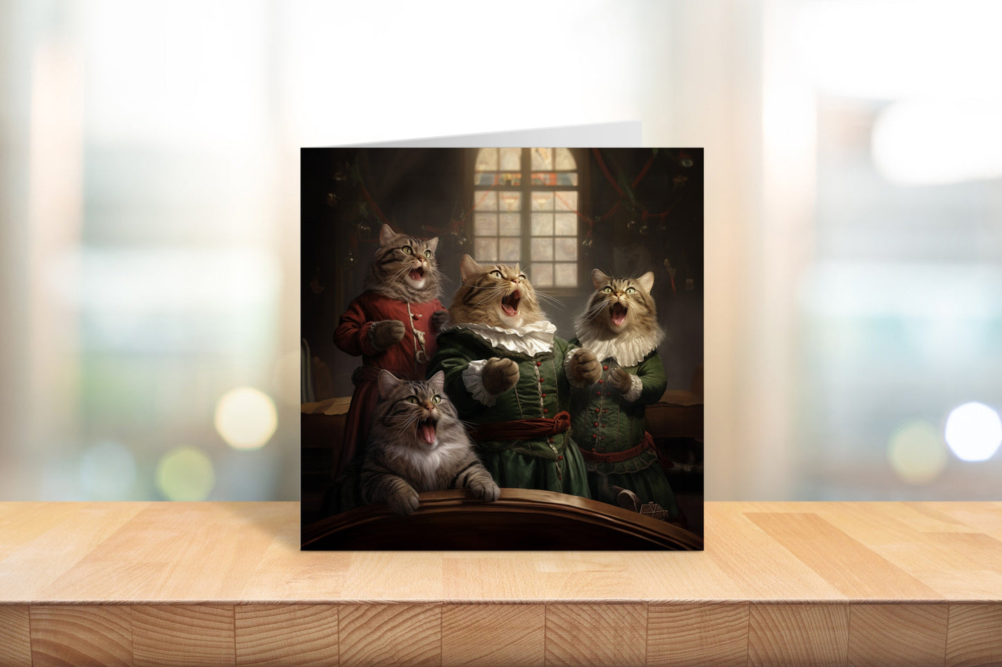 Christmas Carol singing cats on a square christmas card