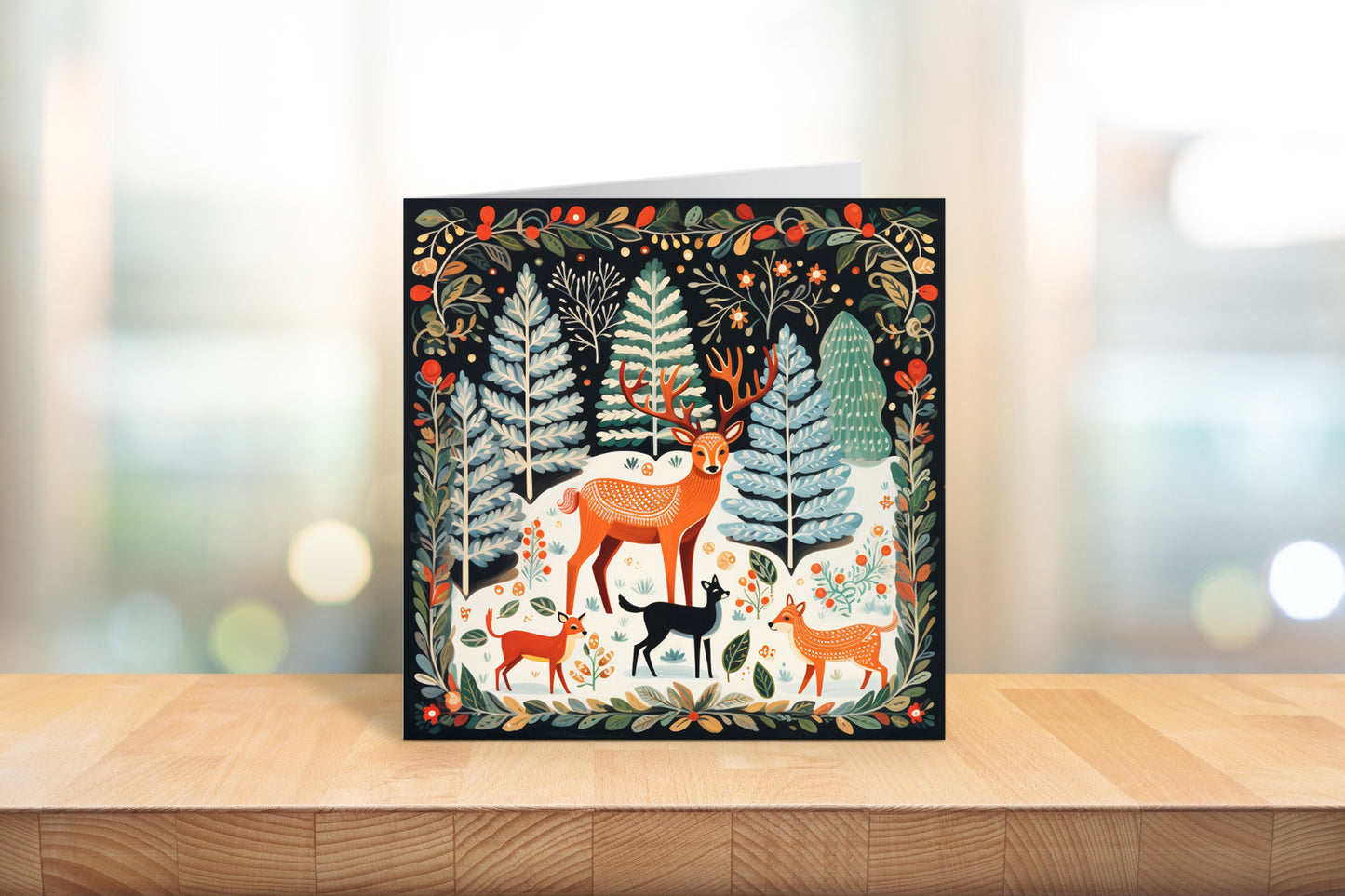 Scandi Folksy Christmas Card with deer on front