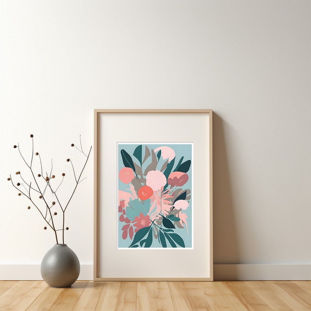 Contemporary Floral Wall Art, Minimalist Print Wall Decor - Bold Beautiful Art, Teals and Pinks