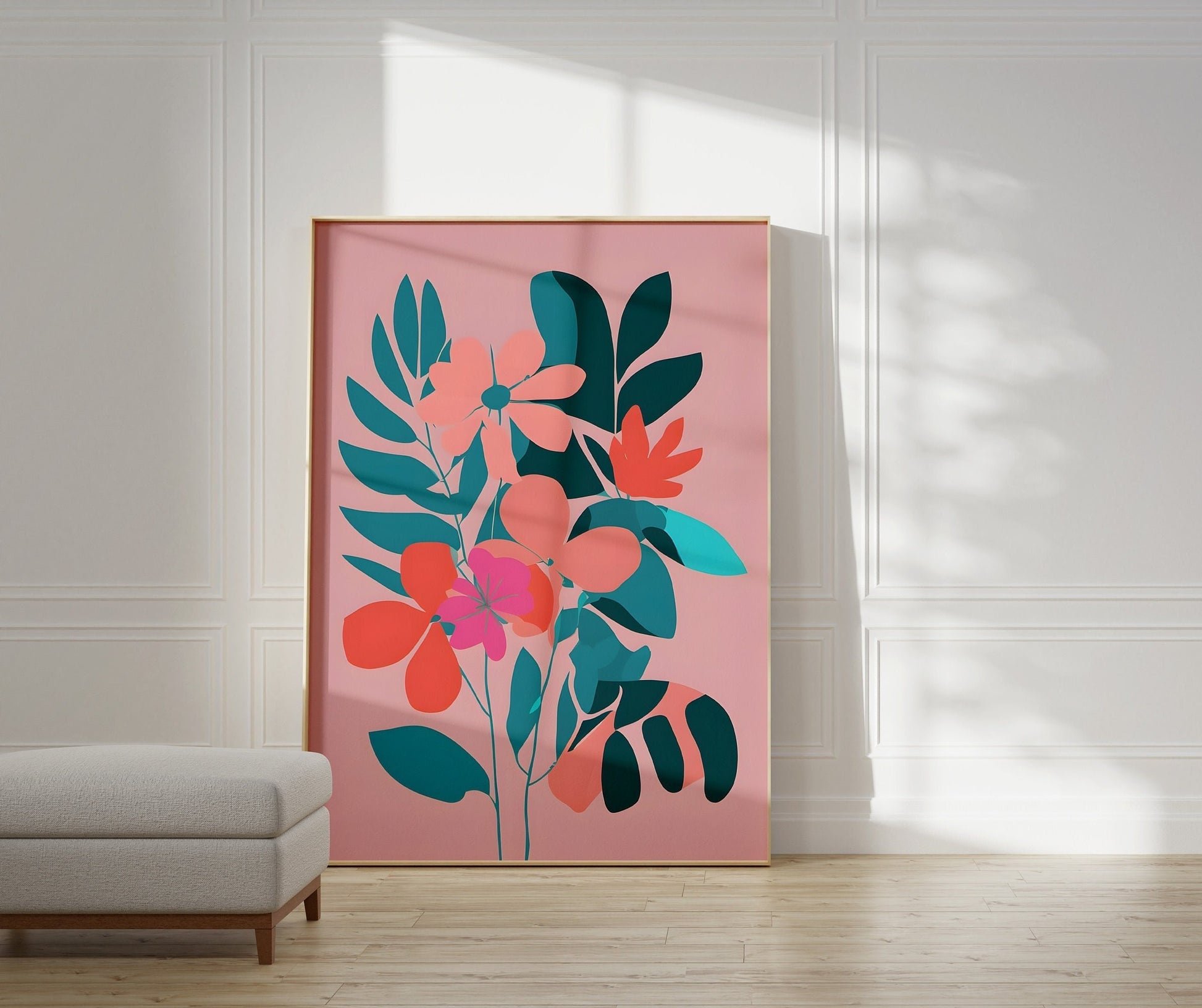 Bold Floral Wall Art, Minimalist Print Wall Decor - Contemporary Beautiful Art, Bright Pinks and Teal