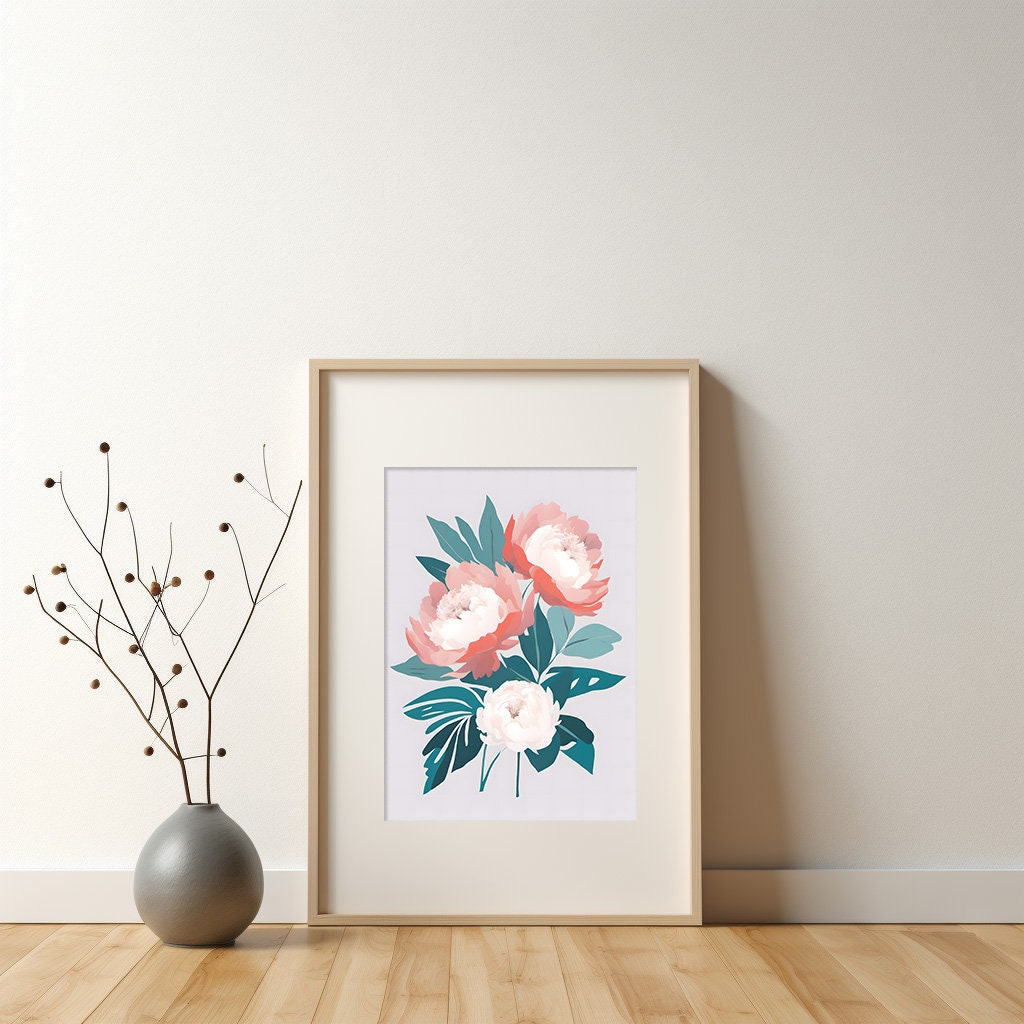 Peony Floral Wall Art, Bright Pink Floral Art - Minimalist Print Wall Decor