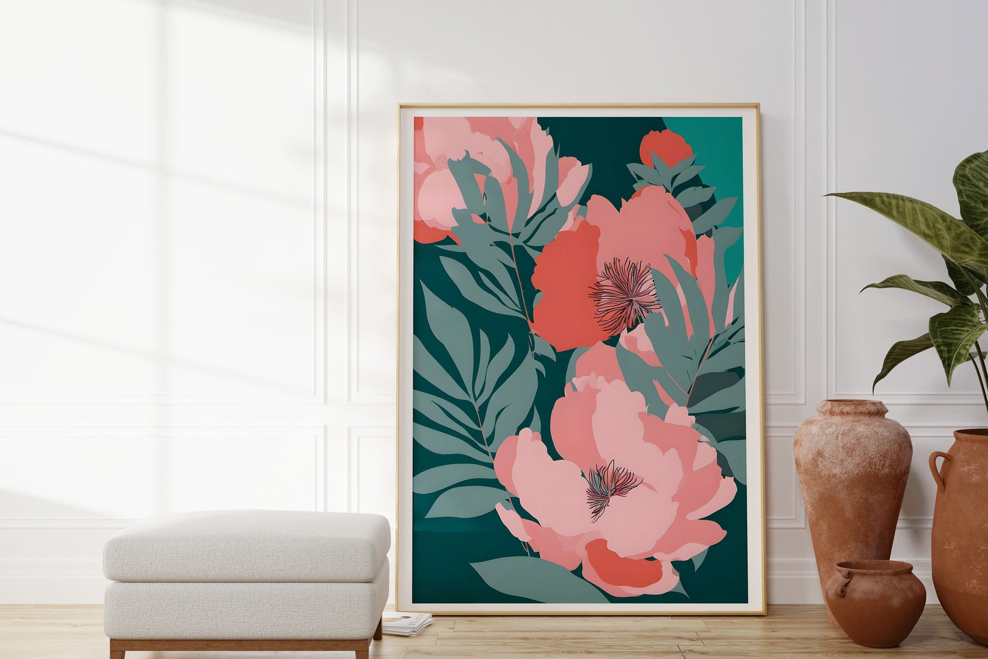 Peony Floral Wall Art, Bright Pink and Teal Floral Art - Bold Print Wall Decor