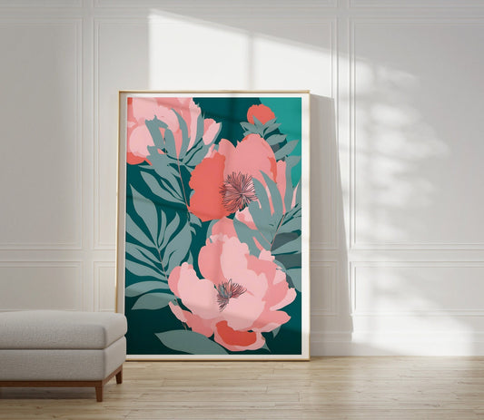 Peony Floral Wall Art, Bright Pink and Teal Floral Art - Bold Print Wall Decor