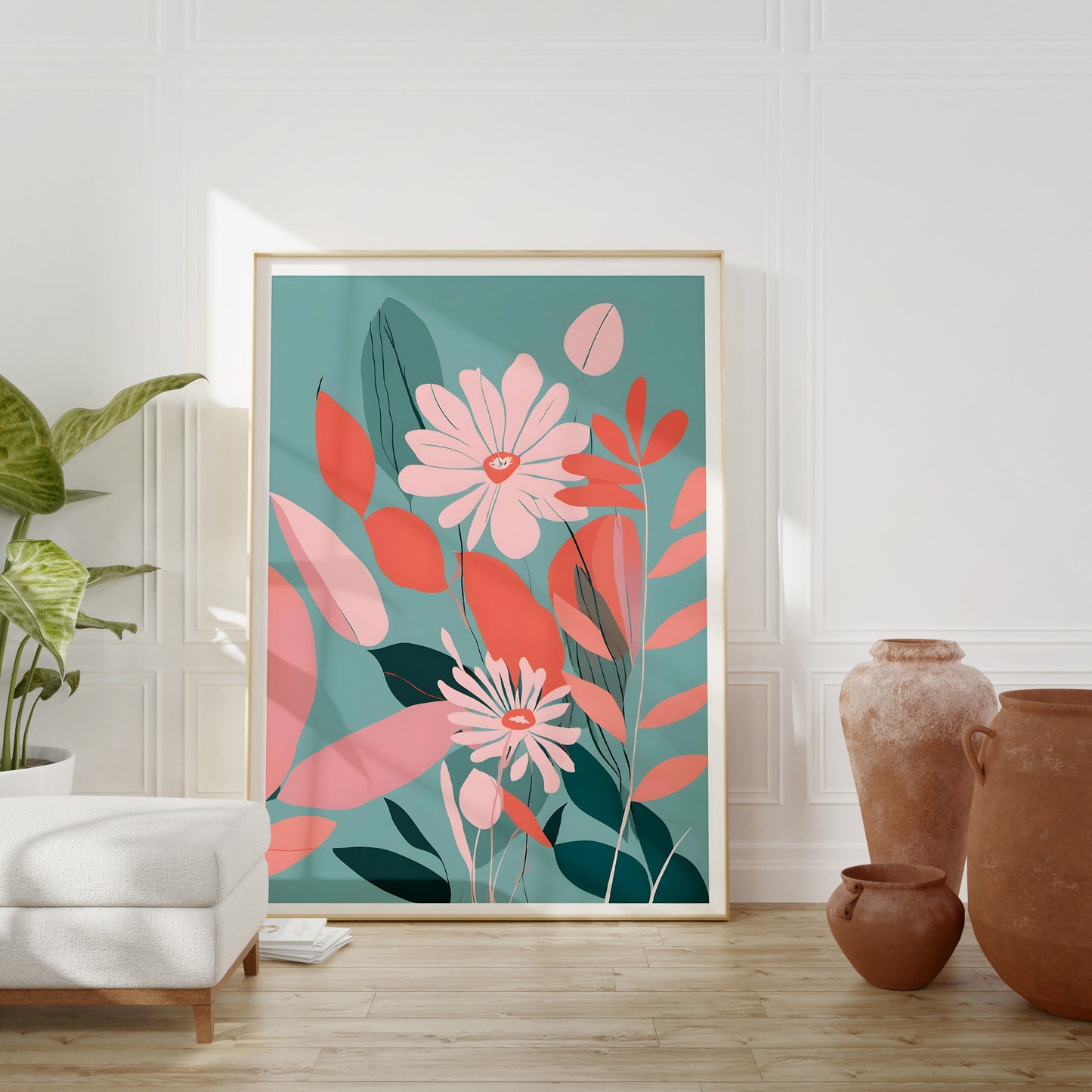 Pink Floral Wall Art, Bright Pink and Teal Floral Art - Bold Print Wall Decor - Contemporary & Beautiful Print Only A5/A4/A3/A2/A1